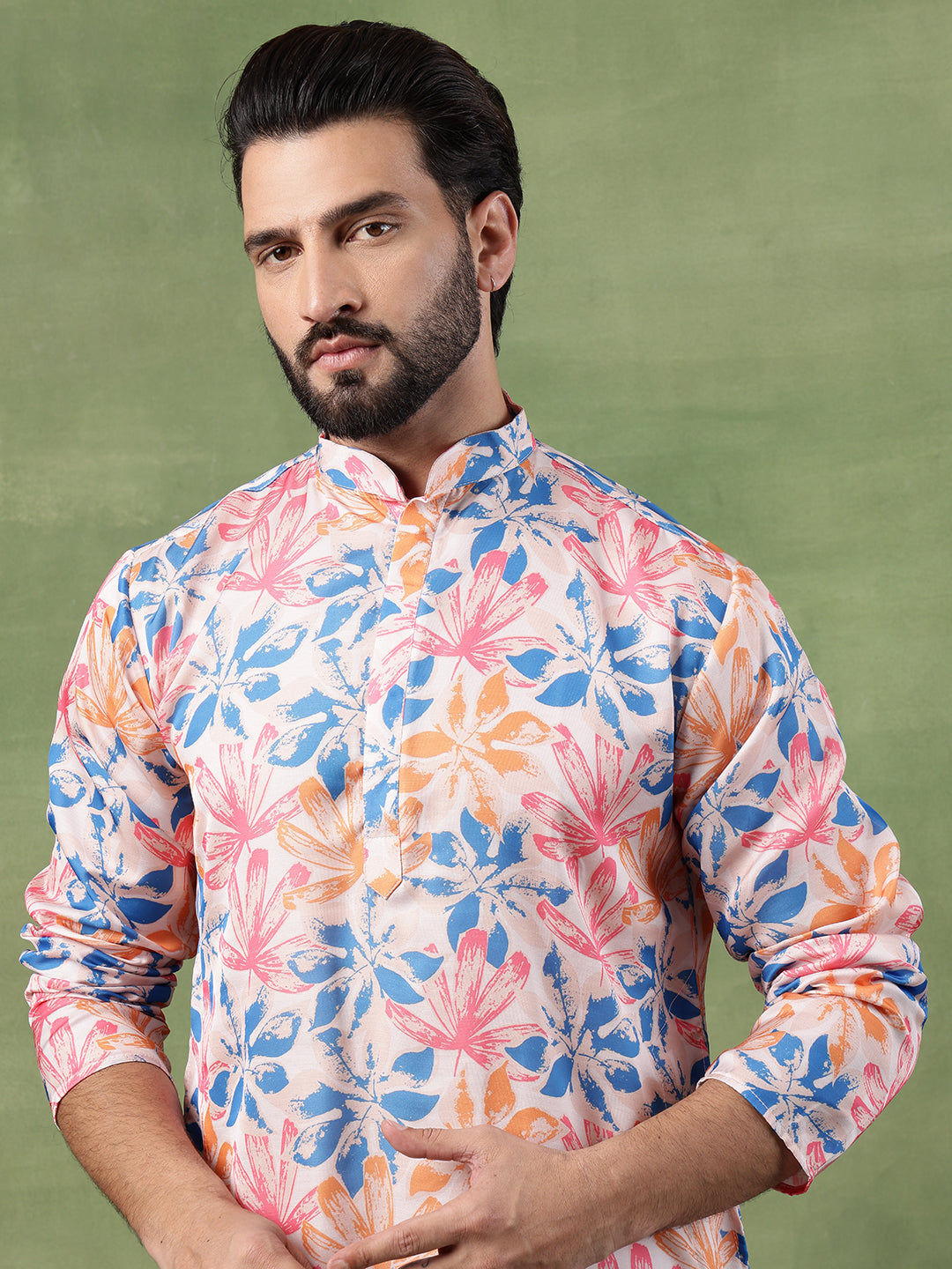Men's Cotton Multicolor Bold Floral Print White Kurta With Pyjama