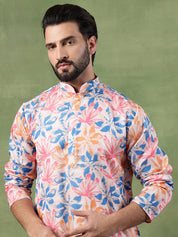 Men's Cotton Multicolor Bold Floral Print White Kurta With Pyjama