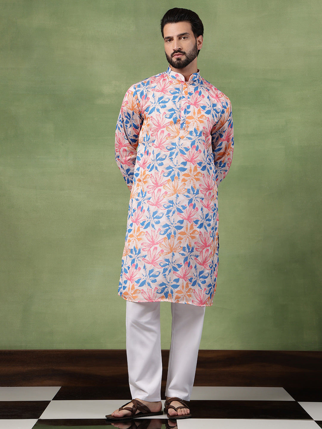 Men's Cotton Multicolor Bold Floral Print White Kurta With Pyjama
