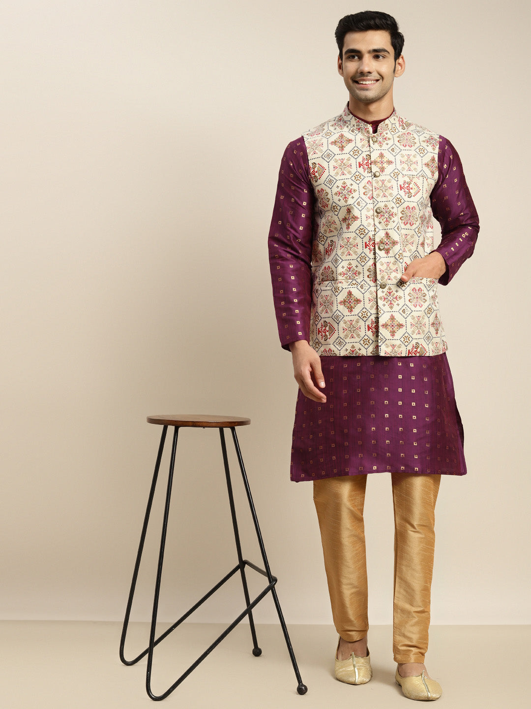 Men's Cotton Purple Kurta and White Pyjama With Cream Nehru Jacket