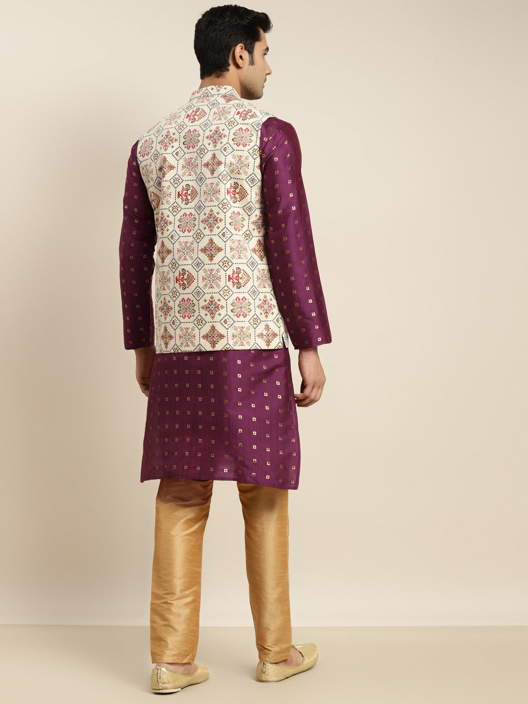 Men's Cotton Purple Kurta and White Pyjama With Cream Nehru Jacket