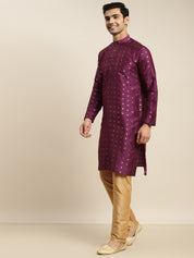 Men's Cotton Purple Kurta and White Pyjama With Cream Nehru Jacket