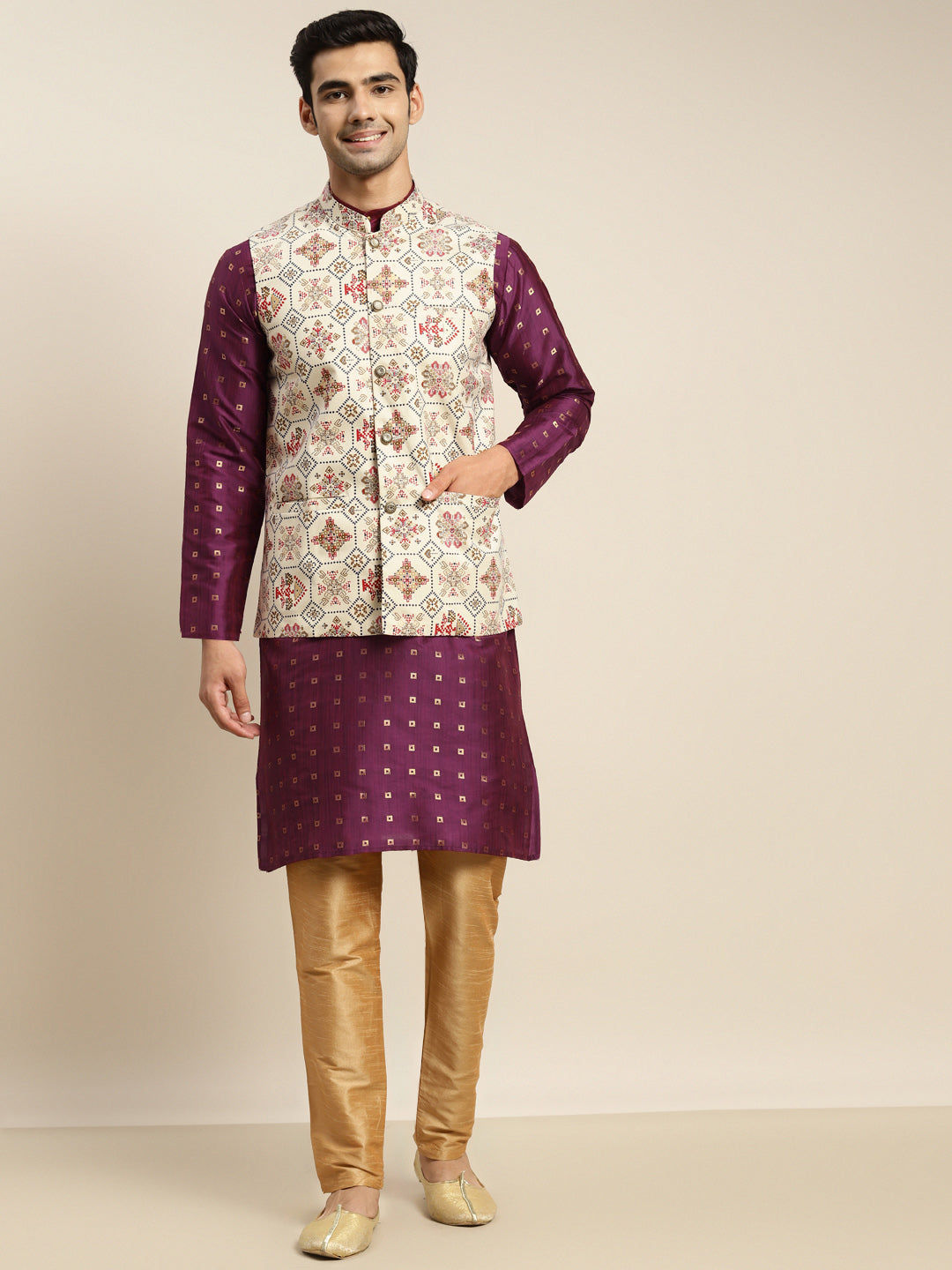 Men's Cotton Purple Kurta and White Pyjama With Cream Nehru Jacket