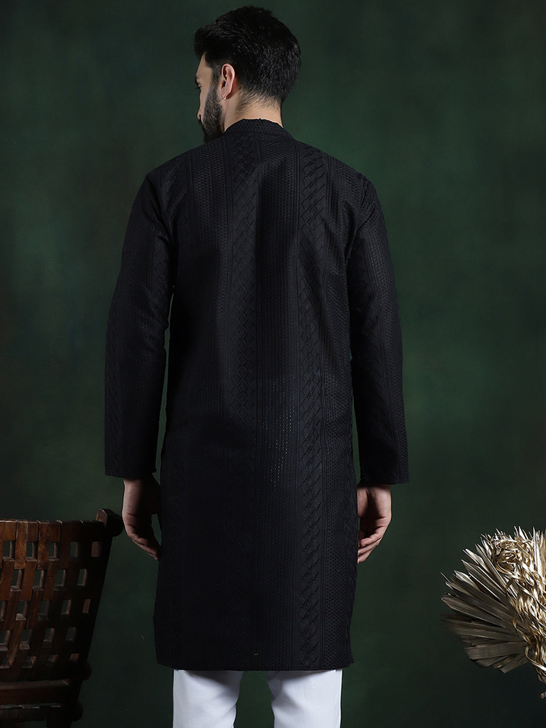 Men's Cotton Thread embroidered Black Long Kurta