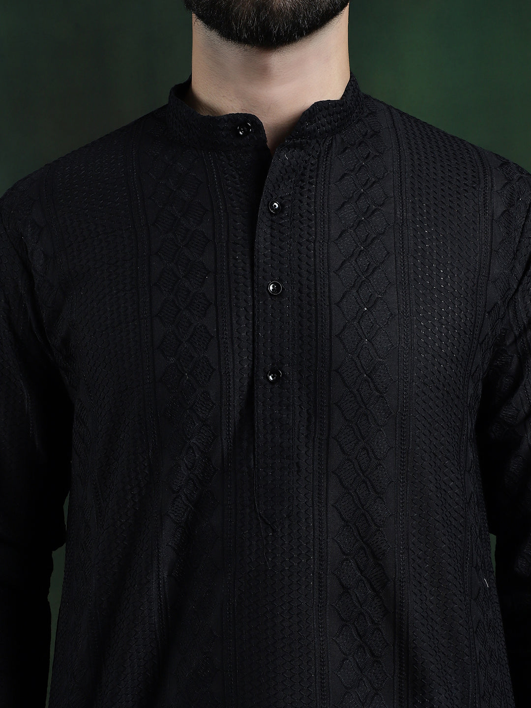 Men's Cotton Thread embroidered Black Long Kurta