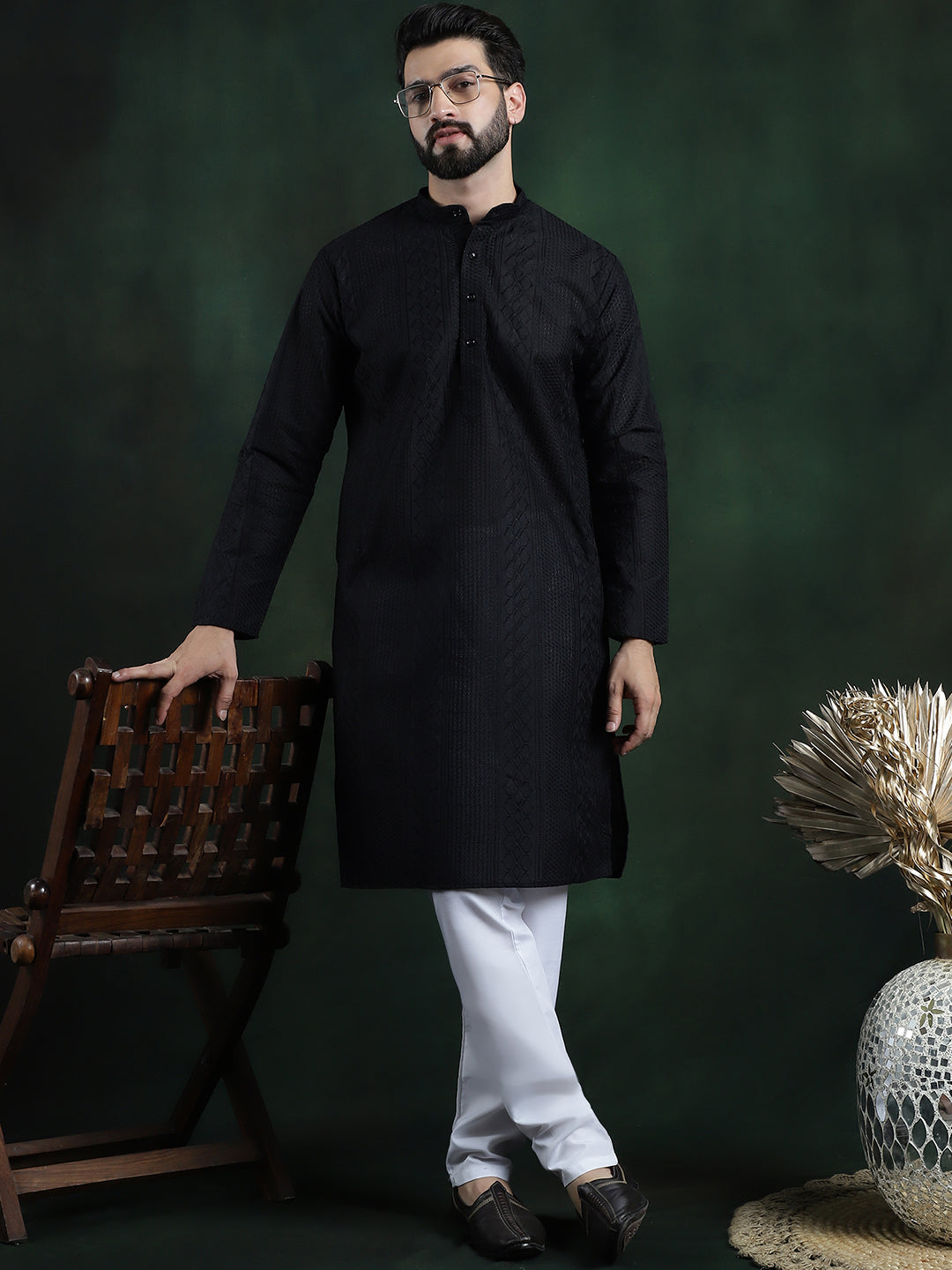 Men's Cotton Thread embroidered Black Long Kurta