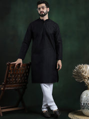 Men's Cotton Thread embroidered Black Long Kurta