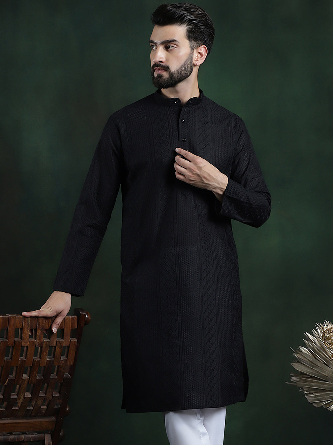 Men's Cotton Thread embroidered Black Long Kurta