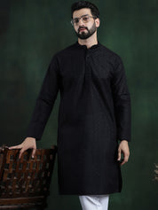 Men's Cotton Thread embroidered Black Long Kurta