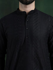 Men's Cotton Thread embroidered Black Kurta With White Churidaar Pyjama