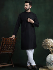Men's Cotton Thread embroidered Black Kurta With White Churidaar Pyjama