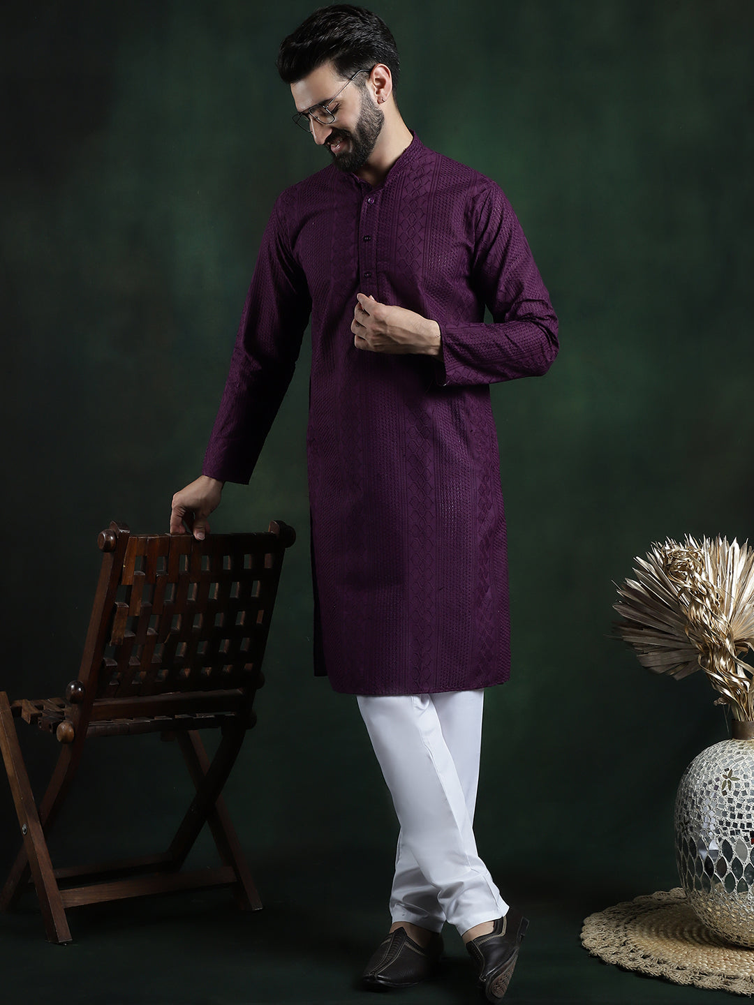 Men's Cotton Thread embroidered Wine Kurta With White Churidaar Pyjama