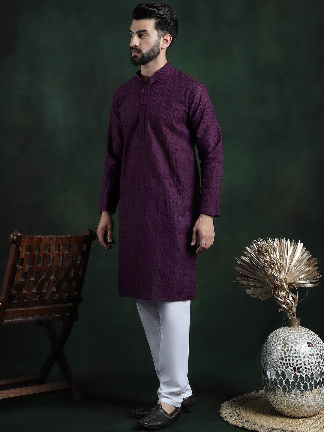 Men's Cotton Thread embroidered Wine Kurta With White Churidaar Pyjama