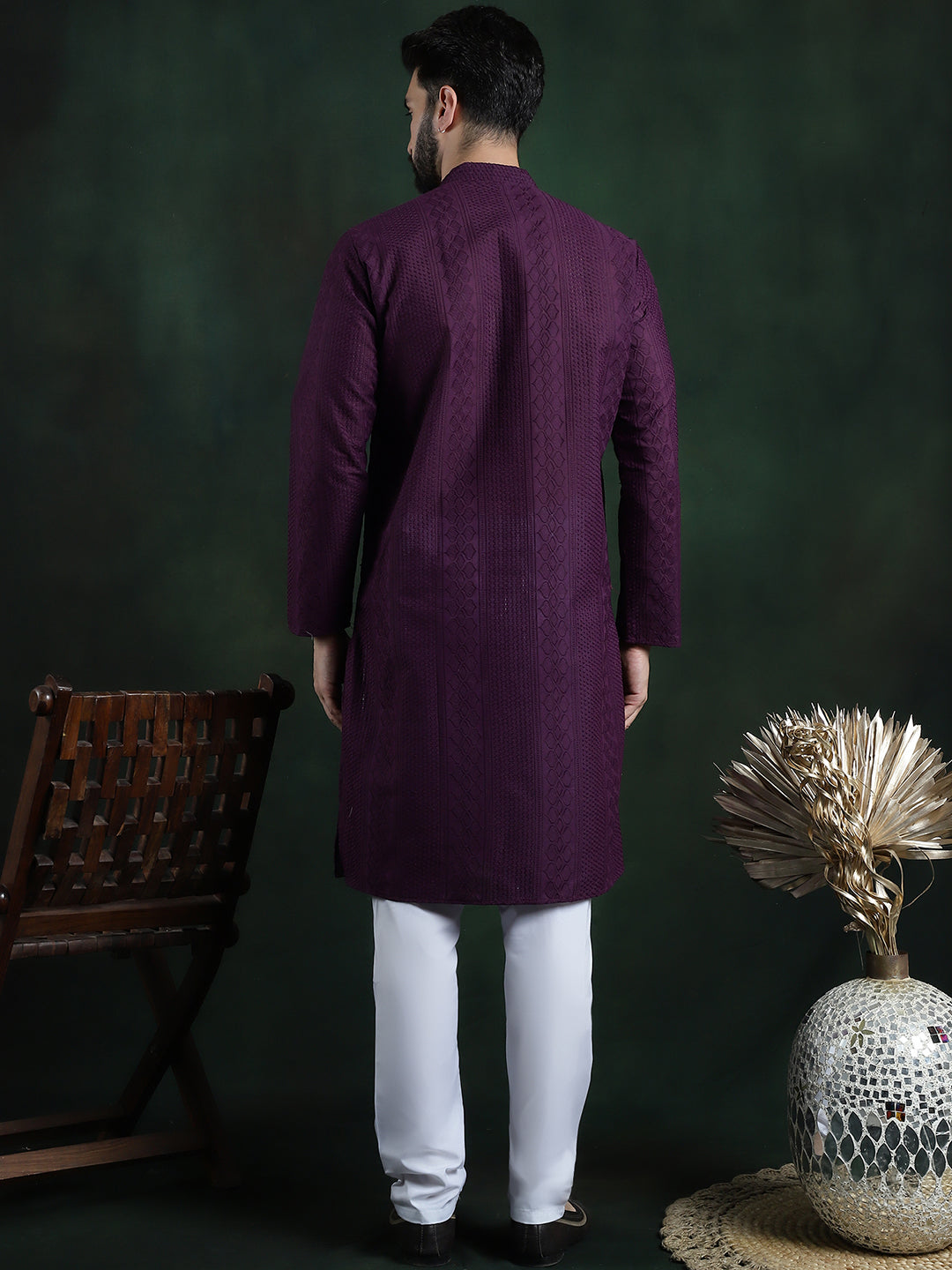 Men's Cotton Thread embroidered Wine Kurta With White Churidaar Pyjama