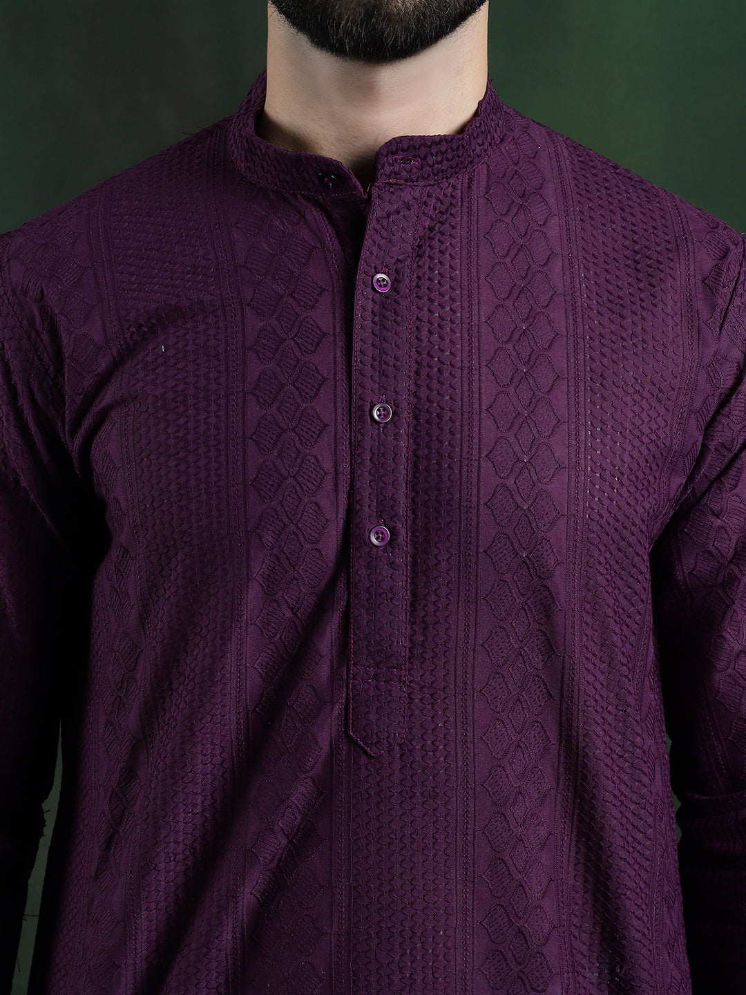 Men's Cotton Thread embroidered Wine Kurta With White Churidaar Pyjama