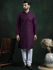 Men's Cotton Thread embroidered Wine Kurta With White Churidaar Pyjama