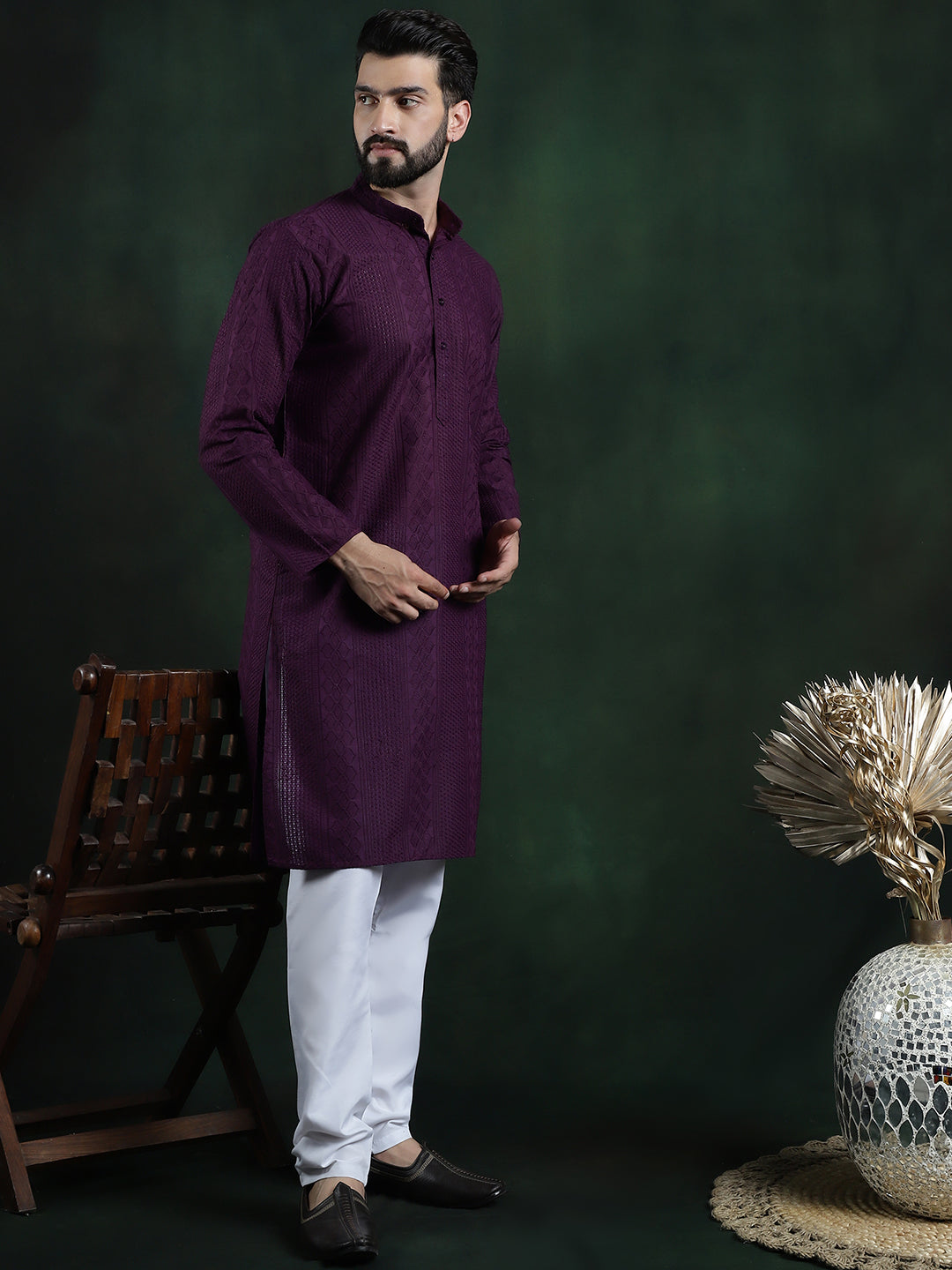 Men's Cotton Thread embroidered Wine Kurta With White Churidaar Pyjama