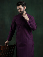 Men's Cotton Thread embroidered Wine Kurta With White Churidaar Pyjama