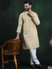 Men's Cotton Thread embroidered Beige Kurta With White Churidaar Pyjama