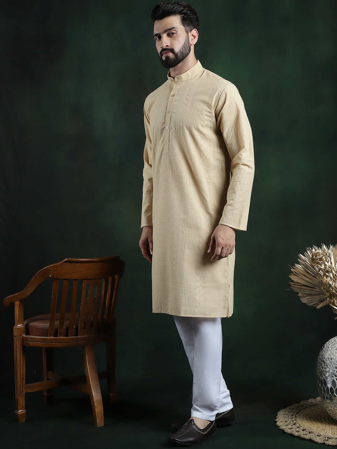 Men's Cotton Thread embroidered Beige Kurta With White Churidaar Pyjama