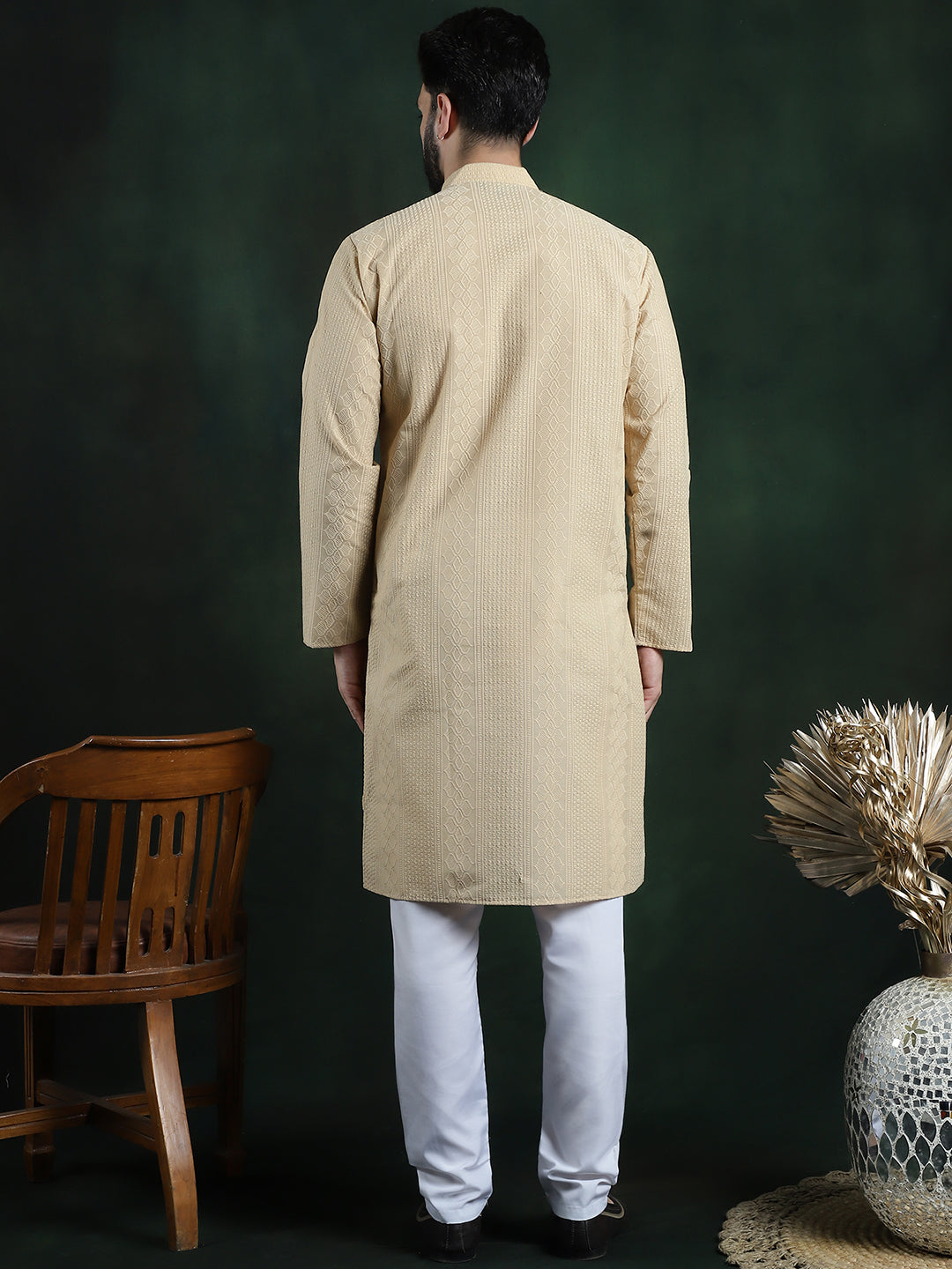 Men's Cotton Thread embroidered Beige Kurta With White Churidaar Pyjama