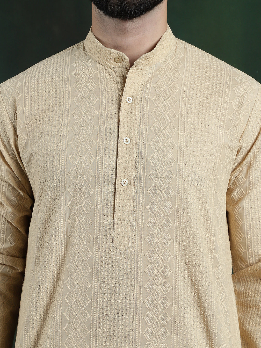 Men's Cotton Thread embroidered Beige Kurta With White Churidaar Pyjama