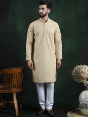 Men's Cotton Thread embroidered Beige Kurta With White Churidaar Pyjama