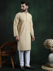 Men's Cotton Thread embroidered Beige Kurta With White Churidaar Pyjama