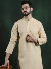 Men's Cotton Thread embroidered Beige Kurta With White Churidaar Pyjama