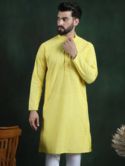 Men's Cotton Thread embroidered Yellow Long Kurta