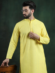 Men's Cotton Thread embroidered Yellow Kurta With White Churidaar Pyjama
