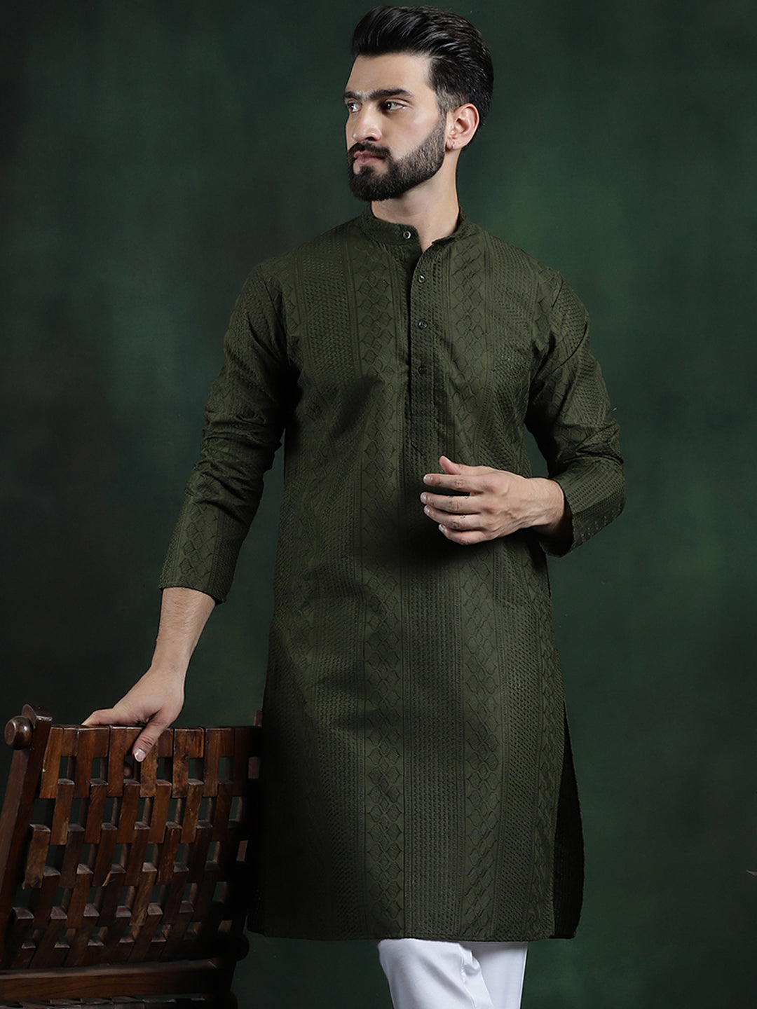 Men's Cotton Thread embroidered Dark Green Long Kurta