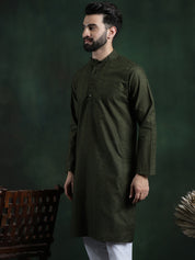 Men's Cotton Thread embroidered Dark Green Long Kurta