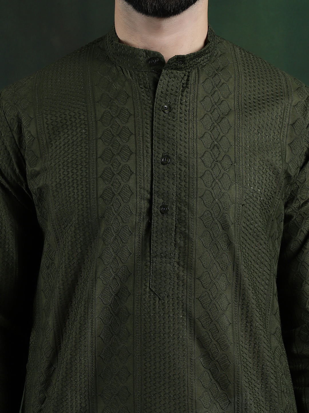 Men's Cotton Thread embroidered Dark Green Long Kurta