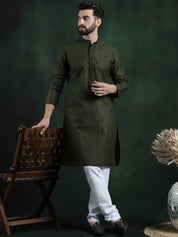 Men's Cotton Thread embroidered Dark Green Long Kurta