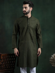 Men's Cotton Thread embroidered Dark Green Long Kurta