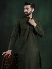 Men's Cotton Thread embroidered Dark Green Long Kurta