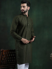 Men's Cotton Thread embroidered Dark Green Long Kurta