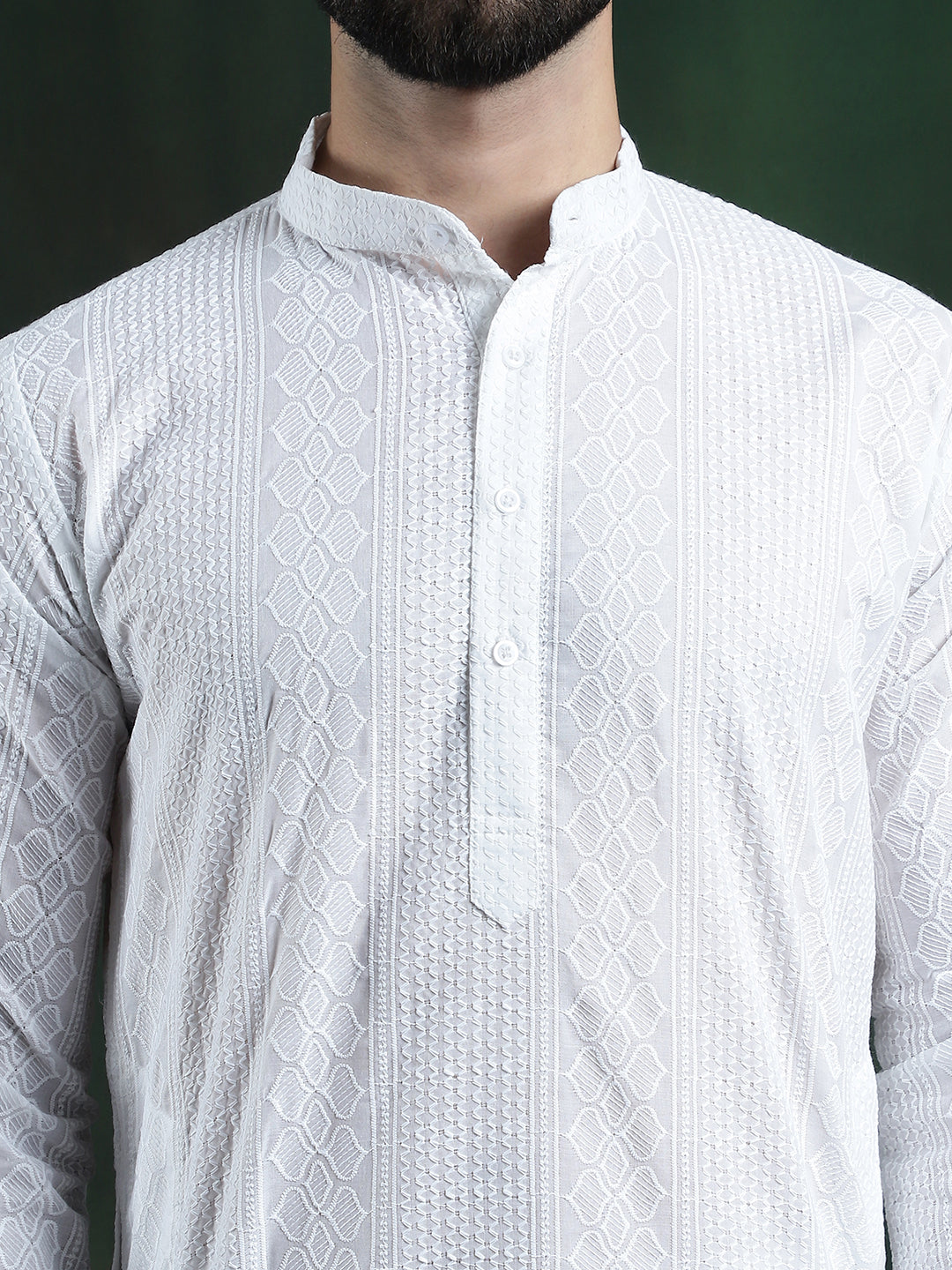Men's Cotton Thread embroidered White Long Kurta