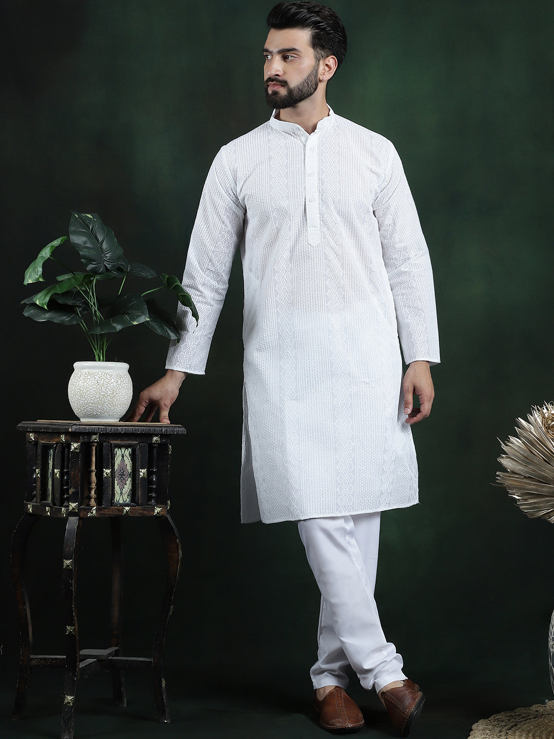 Men's Cotton Thread embroidered White Long Kurta