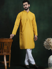 Men's Cotton Thread embroidered Mustard Kurta With White Churidaar Pyjama