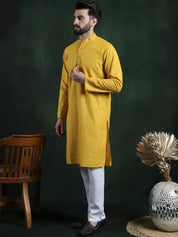 Men's Cotton Thread embroidered Mustard Kurta With White Churidaar Pyjama