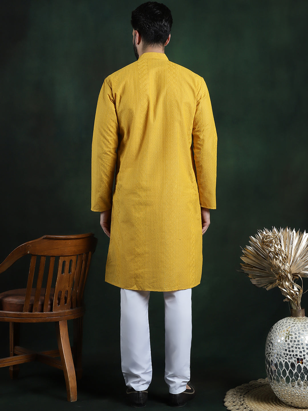 Men's Cotton Thread embroidered Mustard Kurta With White Churidaar Pyjama