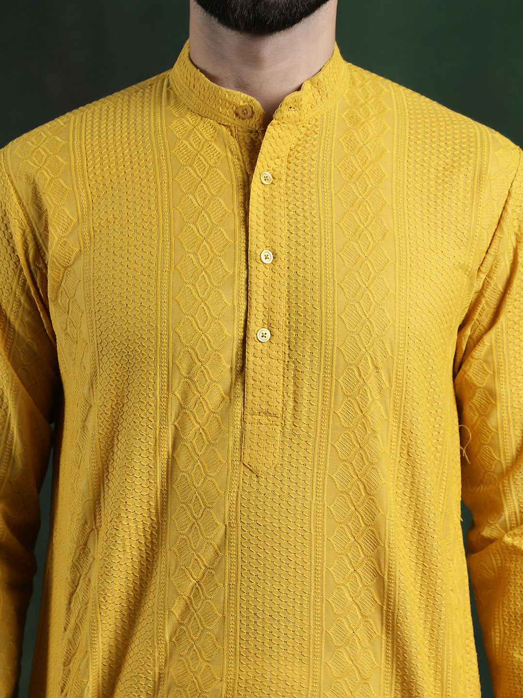 Men's Cotton Thread embroidered Mustard Kurta With White Churidaar Pyjama