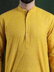 Men's Cotton Thread embroidered Mustard Kurta With White Churidaar Pyjama