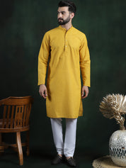 Men's Cotton Thread embroidered Mustard Kurta With White Churidaar Pyjama