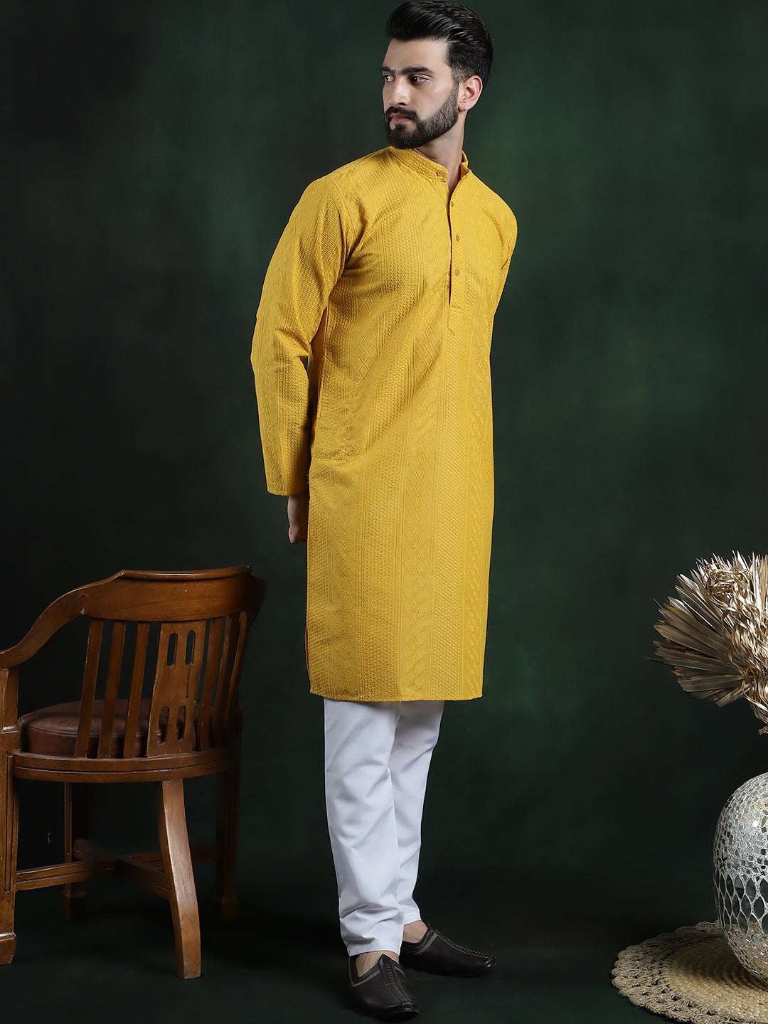 Men's Cotton Thread embroidered Mustard Kurta With White Churidaar Pyjama