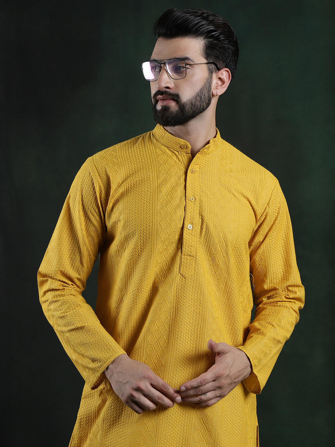 Men's Cotton Thread embroidered Mustard Kurta With White Churidaar Pyjama