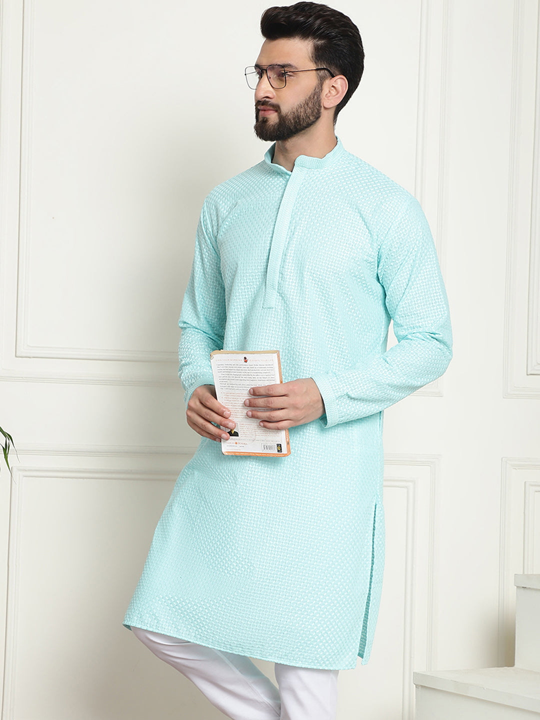 Men's Cotton Embroidered Thread Work Sky Blue Kurta