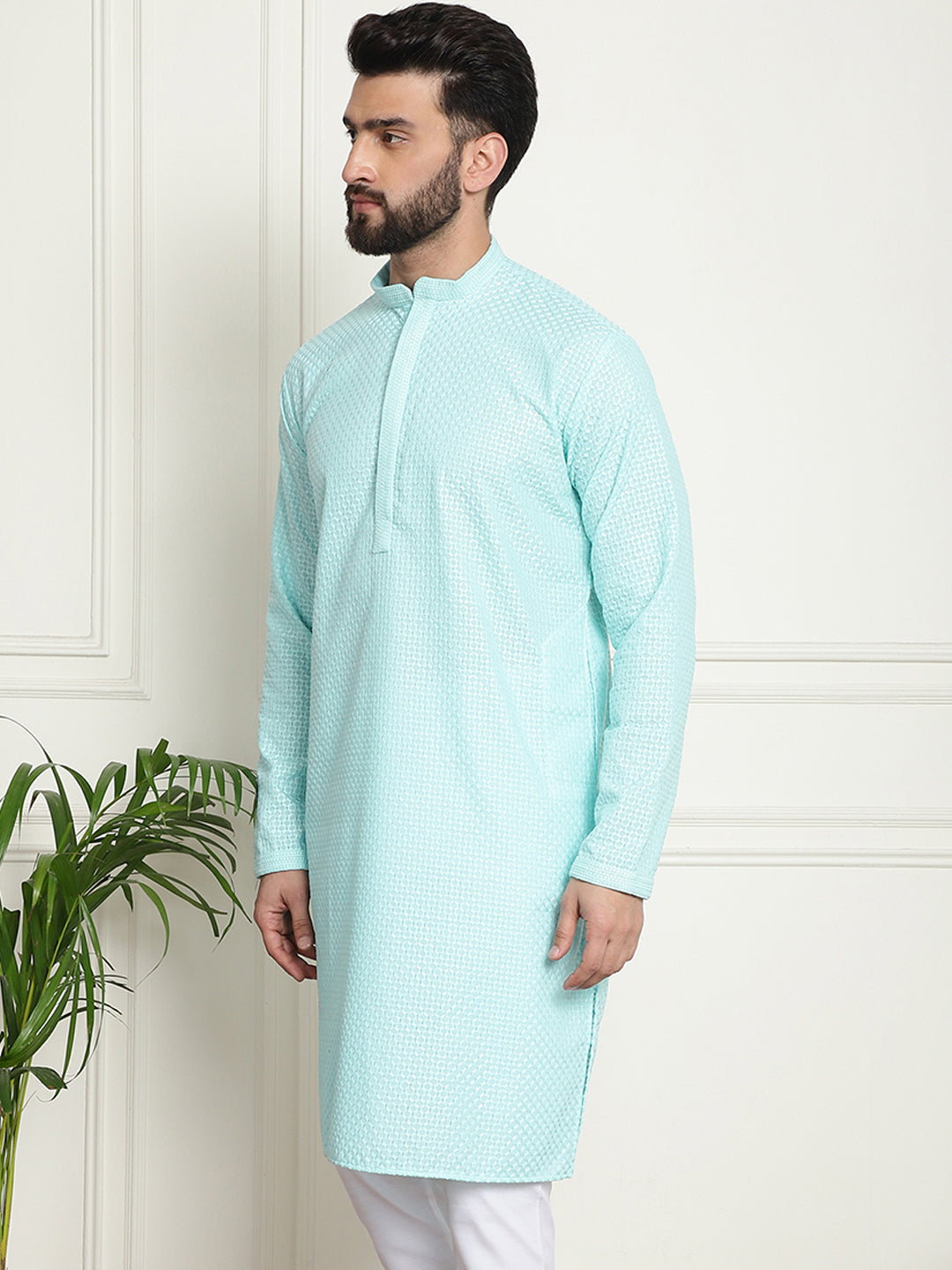 Men's Cotton Embroidered Thread Work Sky Blue Kurta